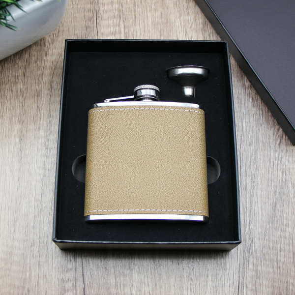 6 oz. Leatherette Flask Set in Black Presentation Box