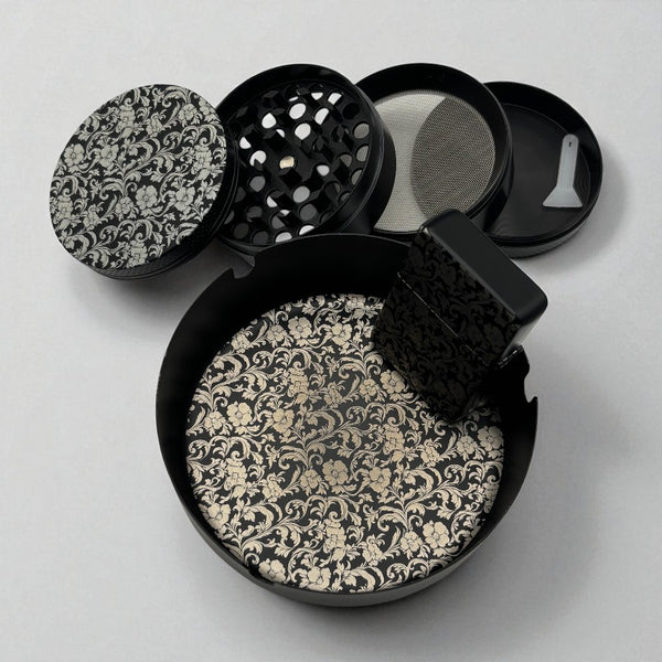 Floral Zippo style Lighter, Ash tray, & Grinder Pattern #1